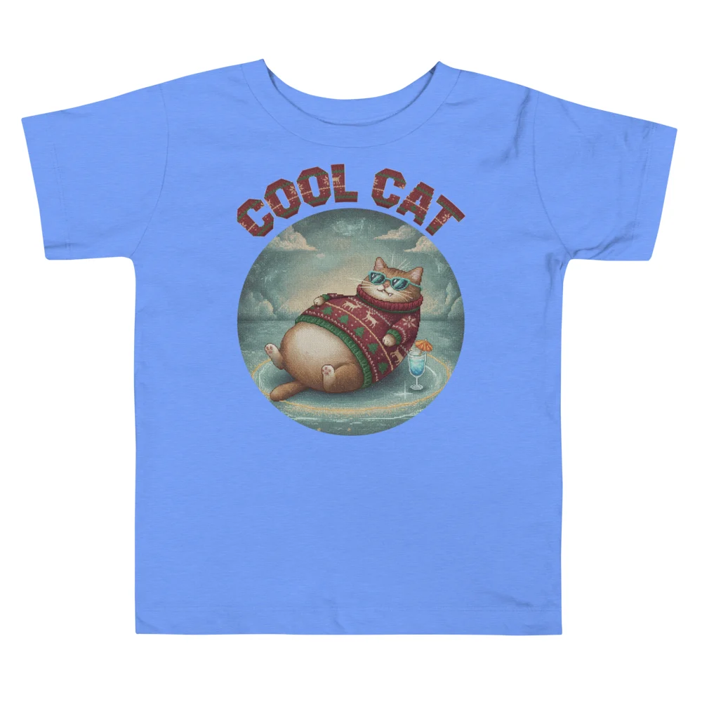 Cool Cat Toddler Ugly Christmas Tee, Blue flat