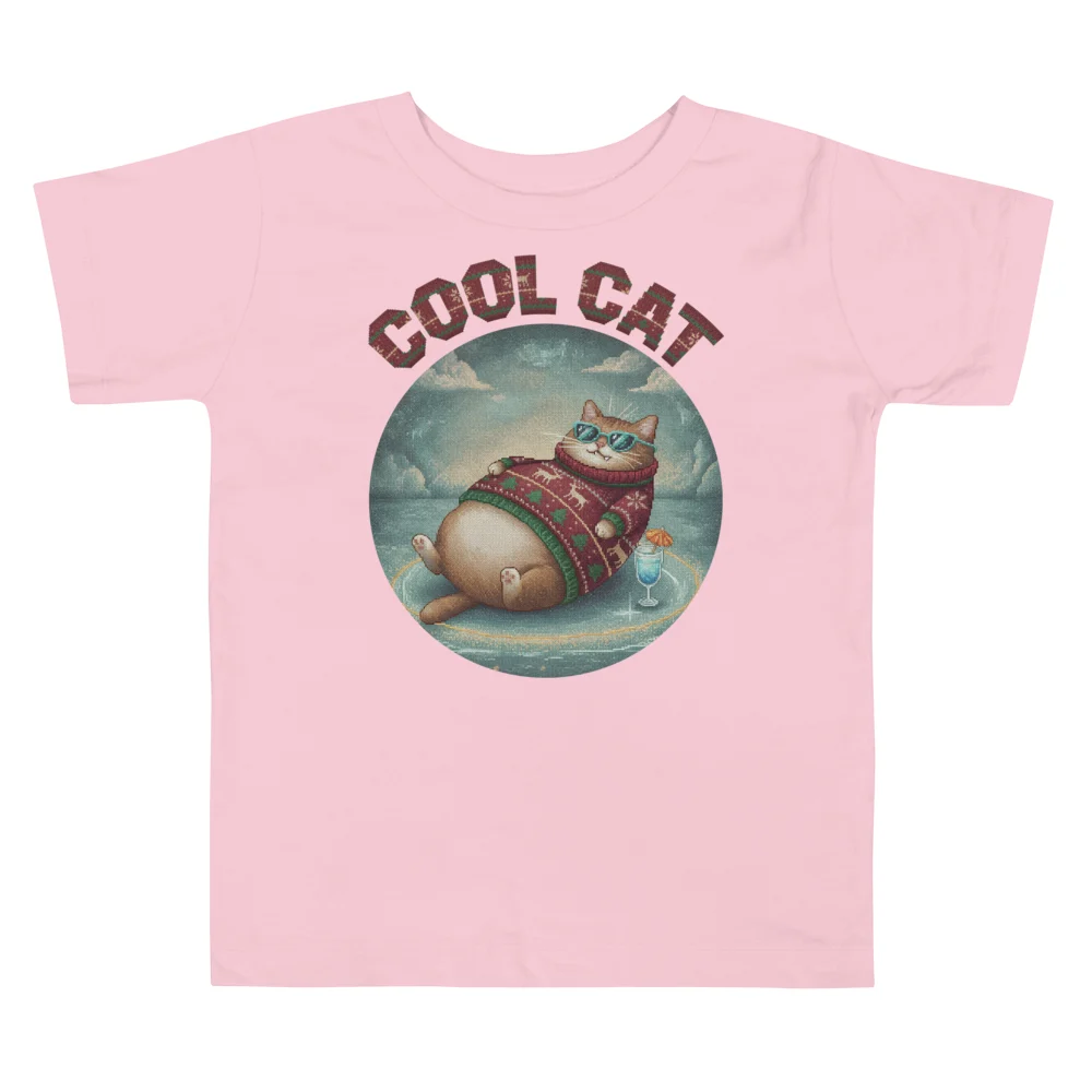 Cool Cat Toddler Ugly Christmas Tee, Light Pink flat