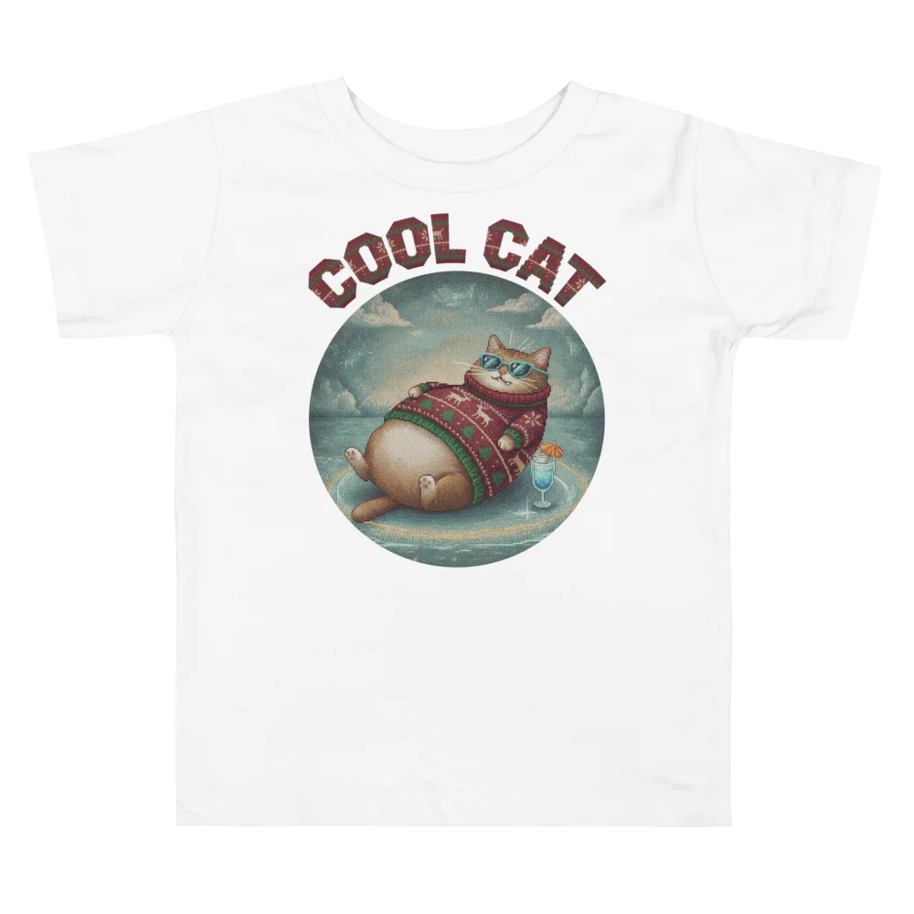 Cool Cat Toddler Ugly Christmas Tee, Pure White flat
