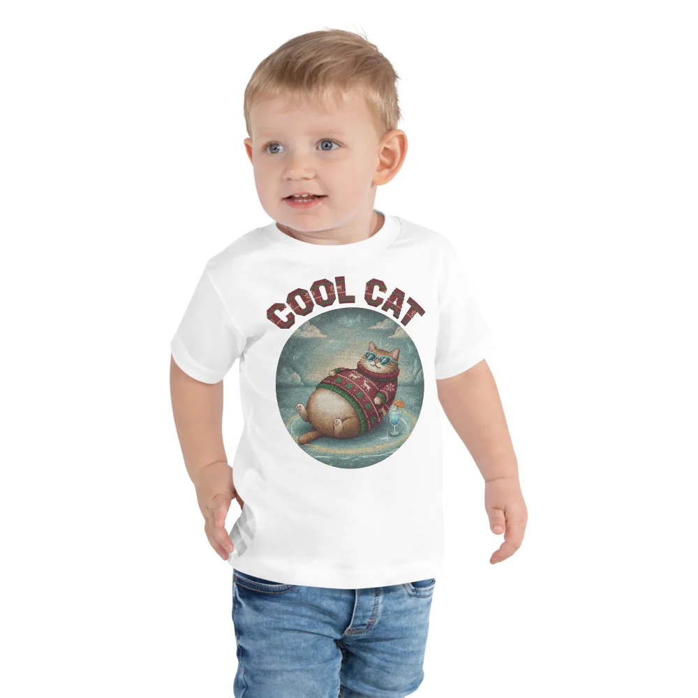 Cool Cat Toddler Ugly Christmas Tee, Pure White model
