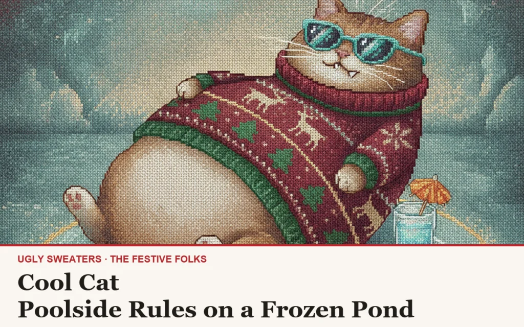Cool Cat ugly Christmas sweater article cover: a fat cat in teal sunglasses lying on a frozen pond in a festive sweater