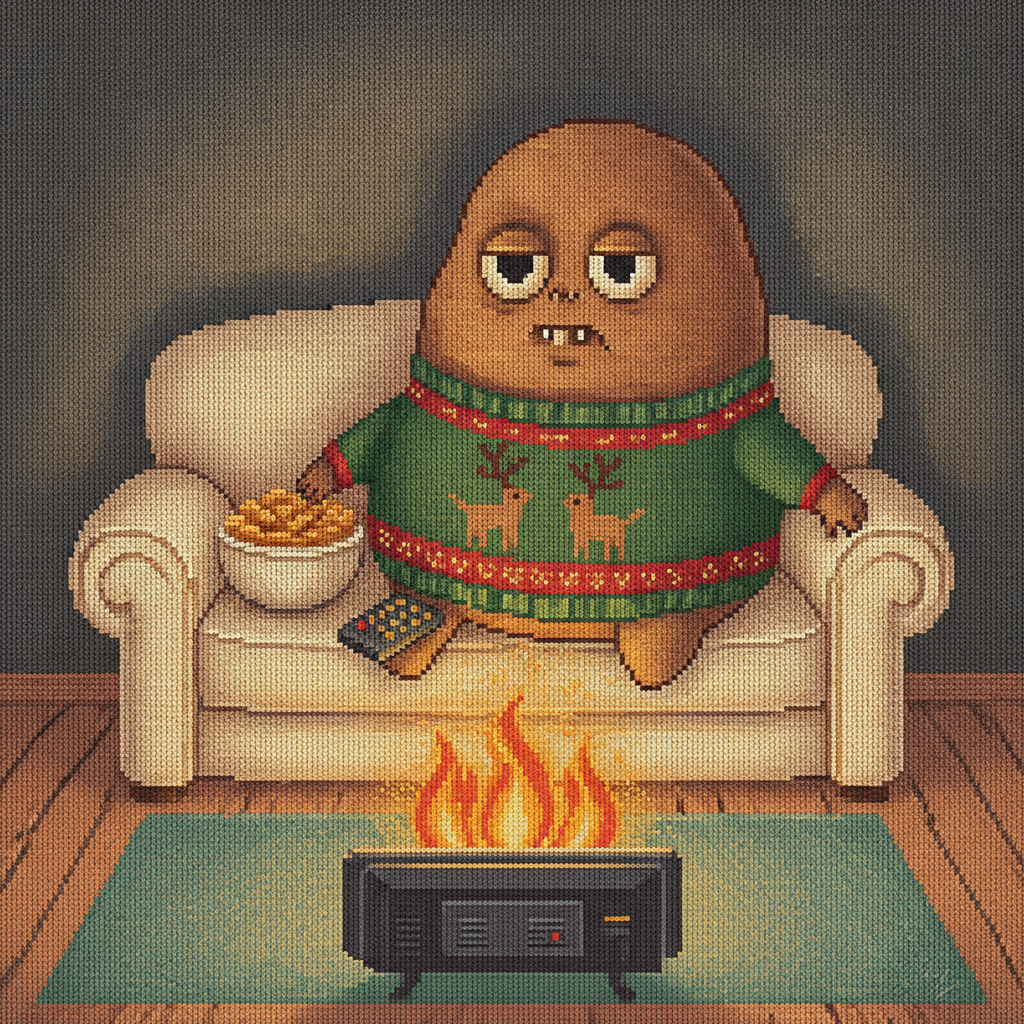 Couch Potato ugly Christmas sweater character art: a deadpan potato with stubby limbs sunk into couch cushions, remote on its belly, watching the fireplace
