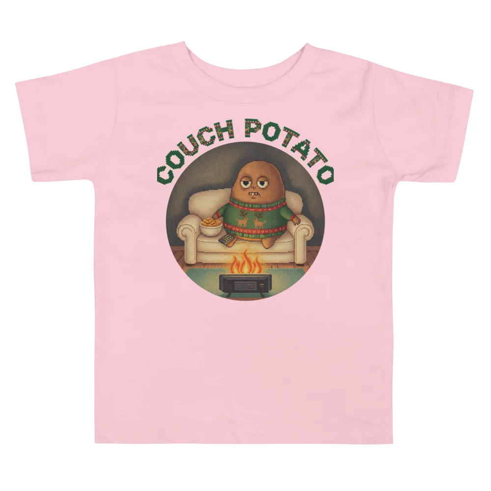 Couch Potato Toddler Ugly Christmas Tee, Light Pink flat
