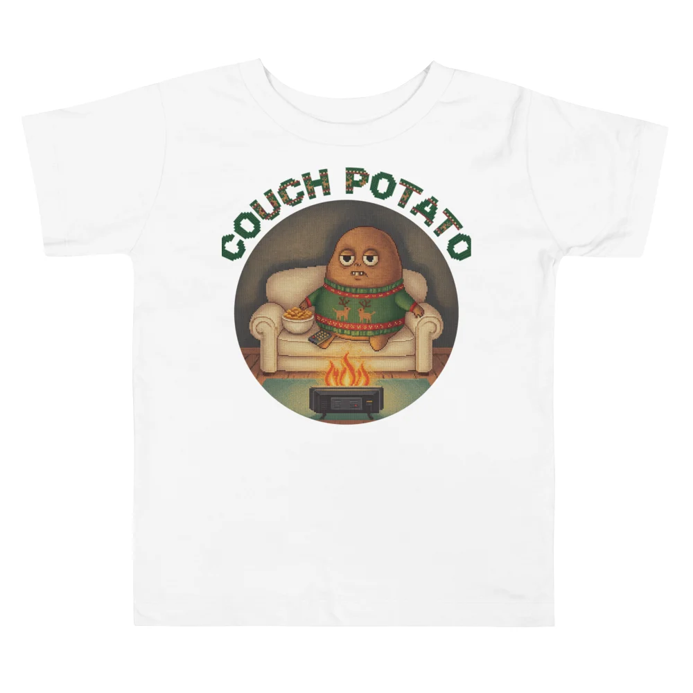 Couch Potato Toddler Ugly Christmas Tee, Pure White flat