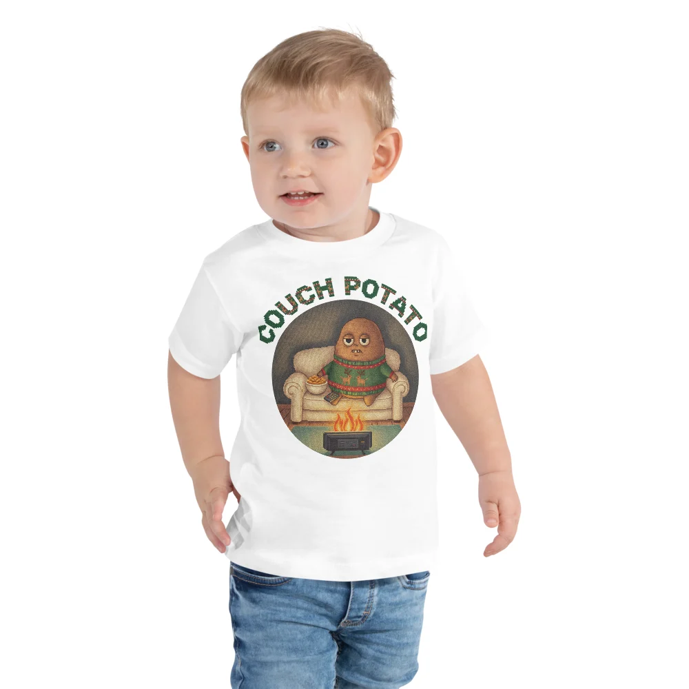 Couch Potato Toddler Ugly Christmas Tee, Pure White model