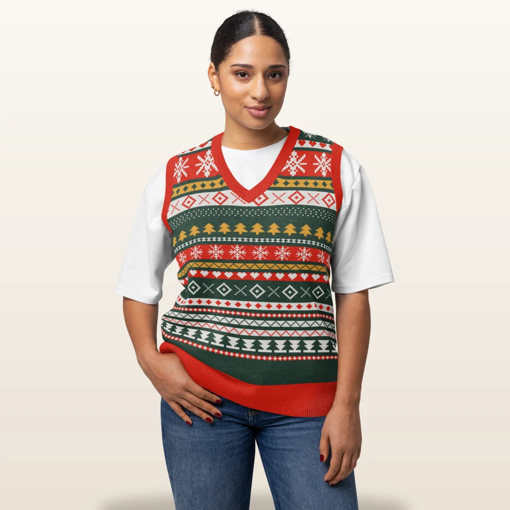 The Christmas Sampler knitted Christmas vest on model, sleeveless green and red fair-isle