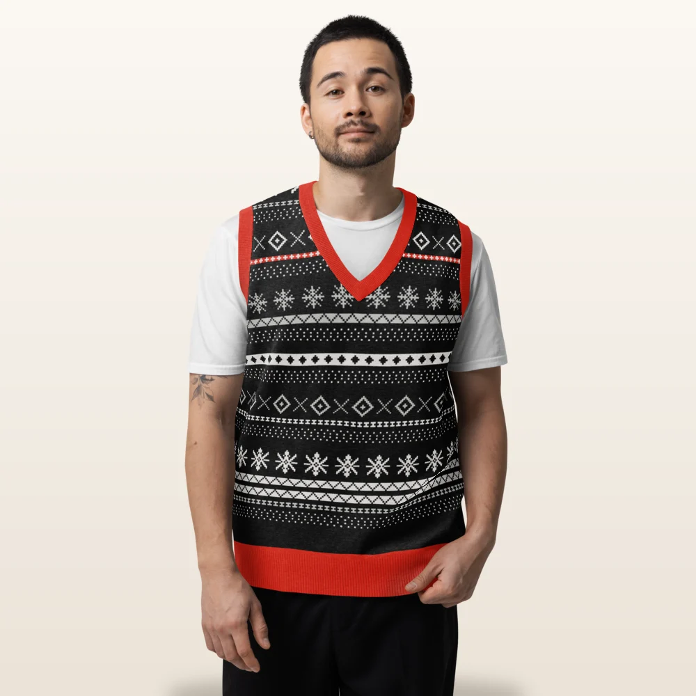 The Setesdal knitted Christmas vest on model, sleeveless black and white Norwegian pattern with red trim
