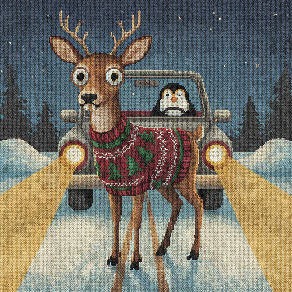 Deer in Headlights ugly Christmas sweater design: a wide-eyed deer in a tree-patterned sweater frozen in the headlights of a car driven by an equally alarmed penguin