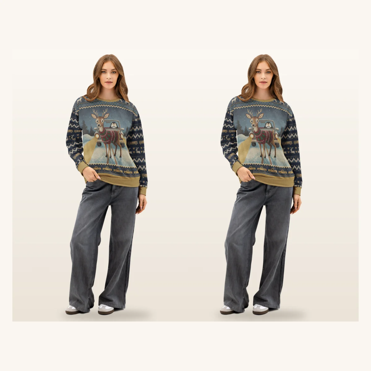 Deer in Headlights Matching Ugly Christmas Sweaters for Couples | Two Sweatshirts