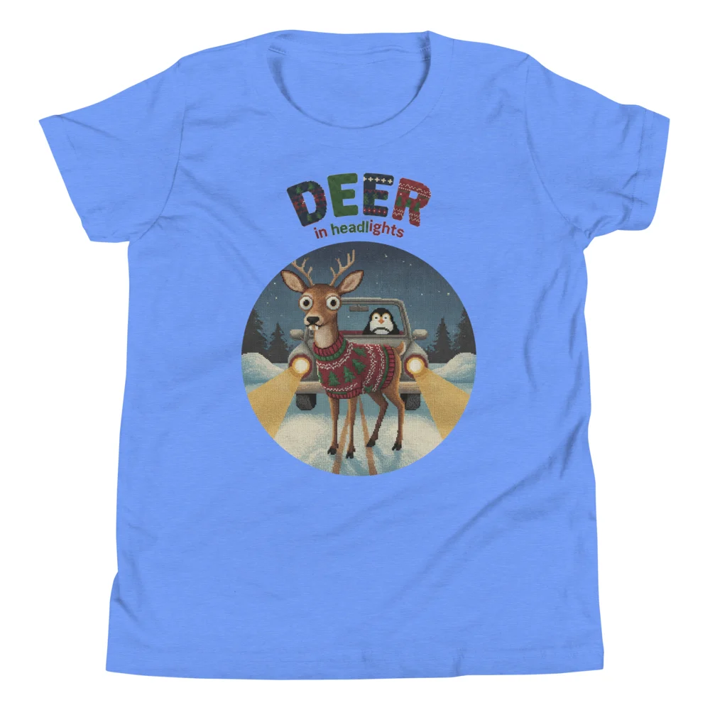 Deer in Headlights Kids' Ugly Christmas Tee, Blue