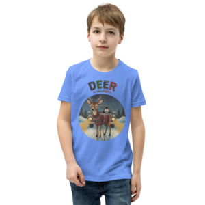Deer in Headlights Kids' Ugly Christmas Tee — Blue model