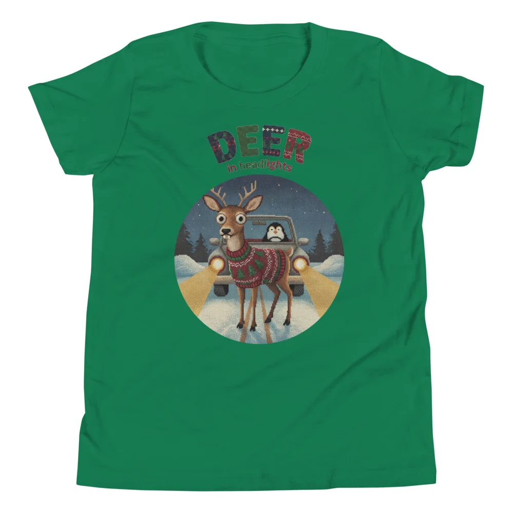 Deer in Headlights Kids' Ugly Christmas Tee, Green