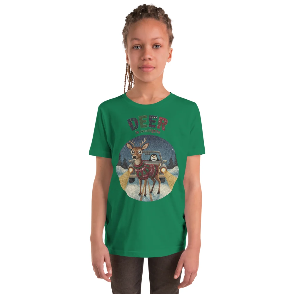 Deer in Headlights Kids' Ugly Christmas Tee, Green model