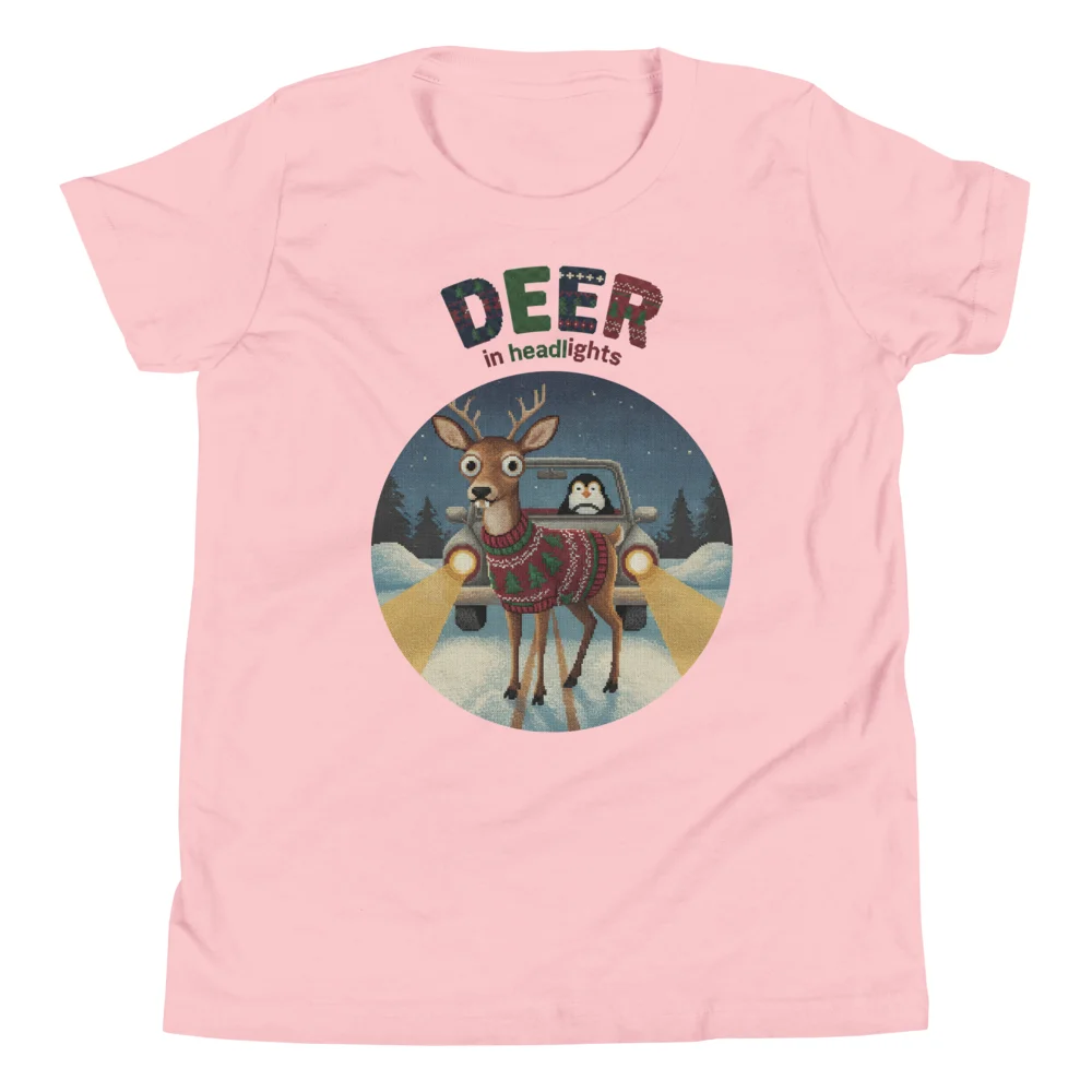 Deer in Headlights Kids' Ugly Christmas Tee, Light Pink