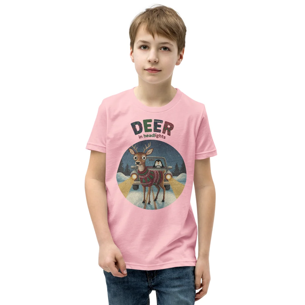 Deer in Headlights Kids' Ugly Christmas Tee, Light Pink model
