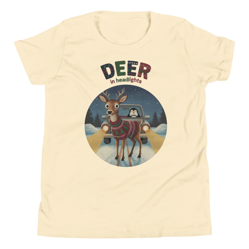 Deer in Headlights Kids' Ugly Christmas Tee, Vintage White