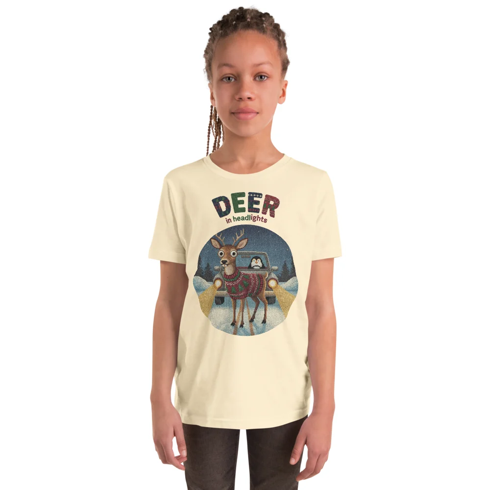 Deer in Headlights Kids' Ugly Christmas Tee, Vintage White model