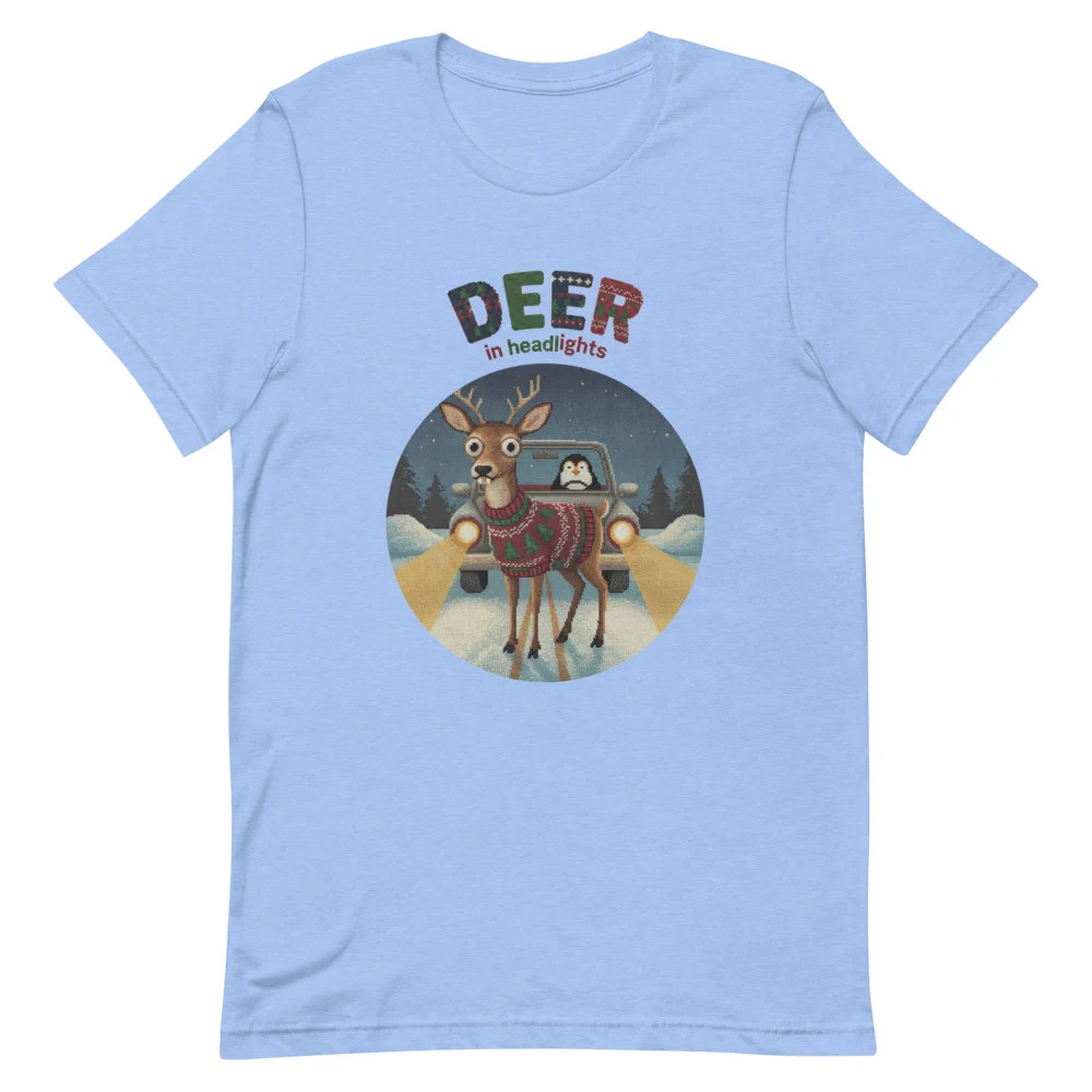 Deer in Headlights Ugly Christmas Tee, Blue