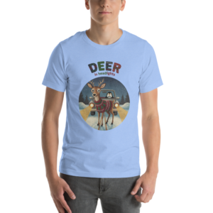 Deer in Headlights Ugly Christmas Tee — Blue model