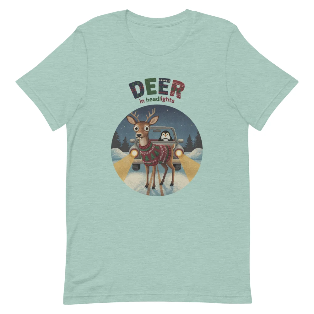 Deer in Headlights Ugly Christmas Tee, Green
