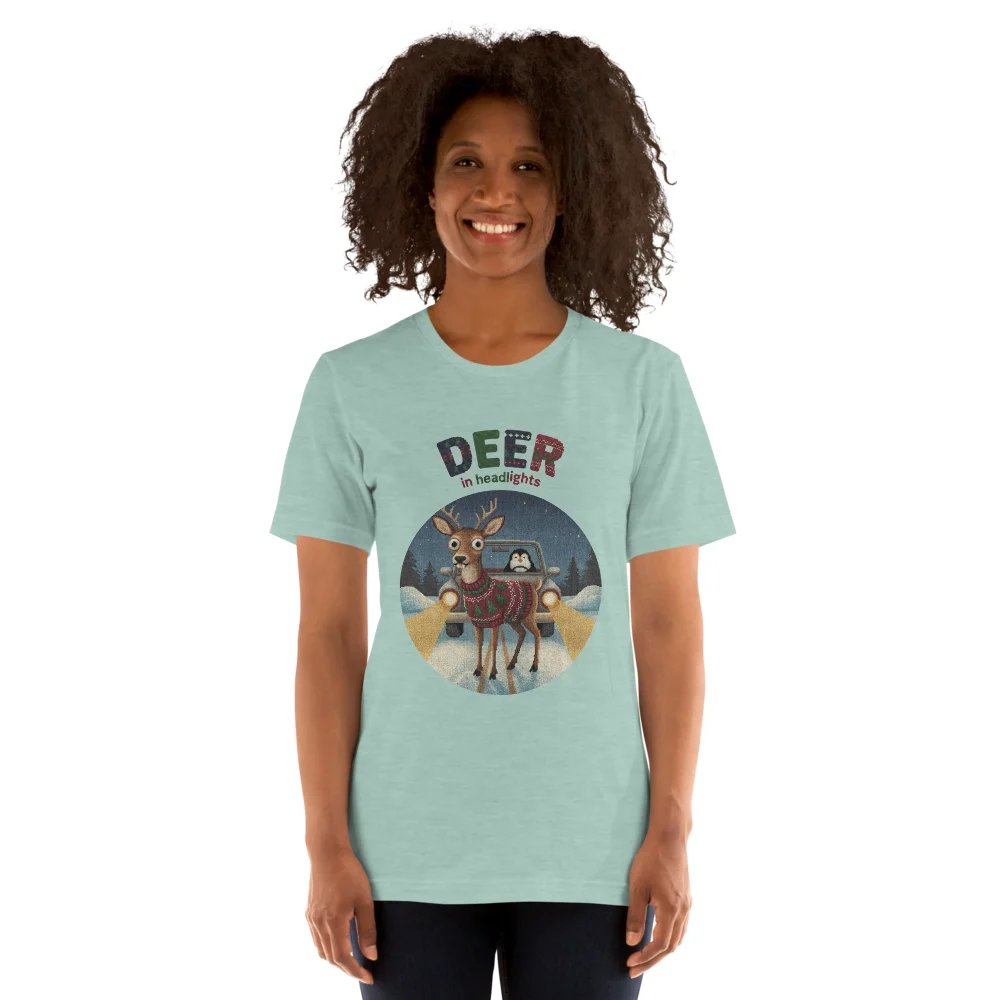 Deer in Headlights Ugly Christmas Tee, Green model