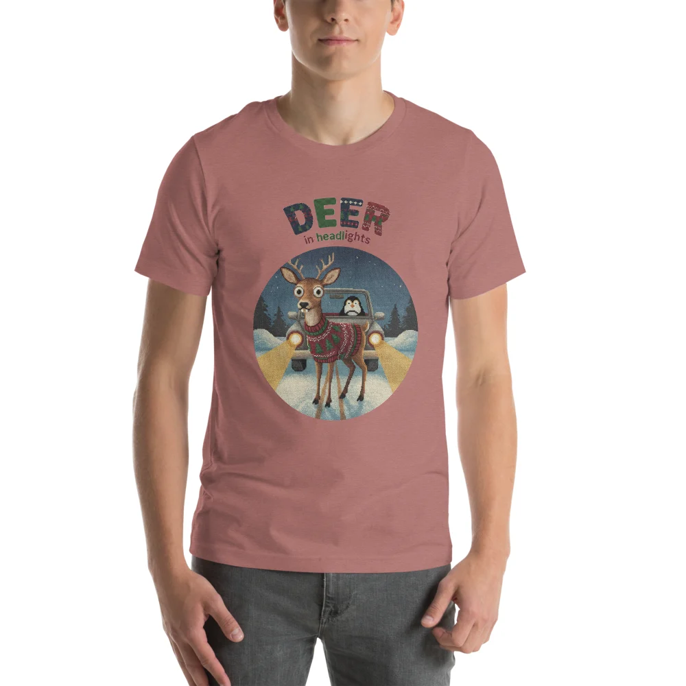 Deer in Headlights Ugly Christmas Tee, Mauve model