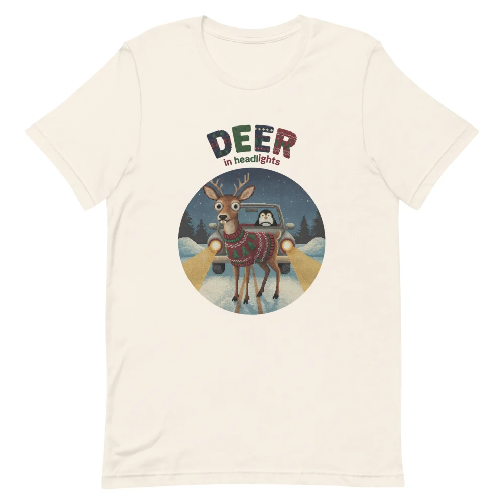 Deer in Headlights Ugly Christmas Tee, Vintage White