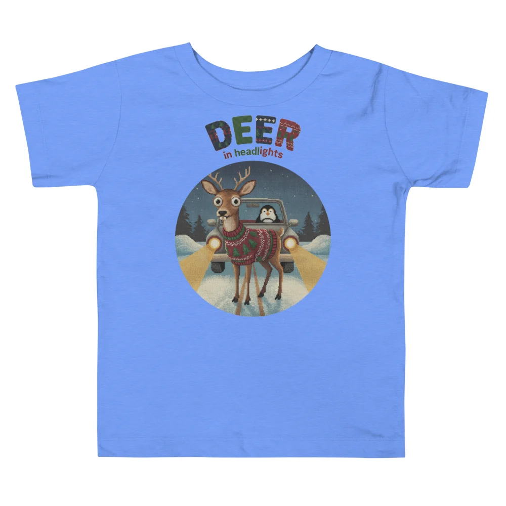 Deer in Headlights Toddler Ugly Christmas Tee, Blue flat