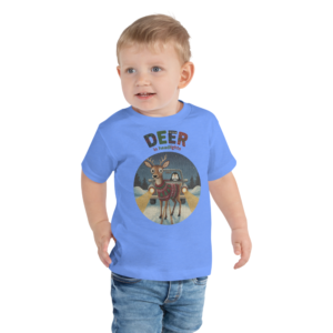 Deer in Headlights Toddler Ugly Christmas Tee — Blue model