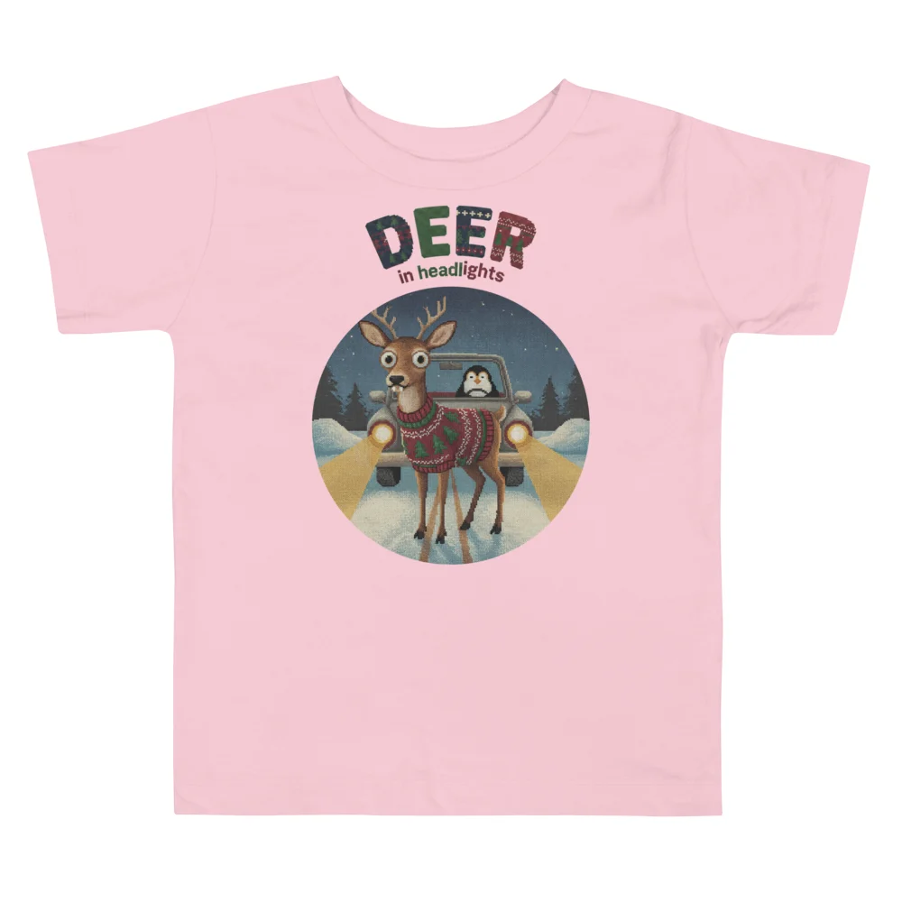 Deer in Headlights Toddler Ugly Christmas Tee, Light Pink flat