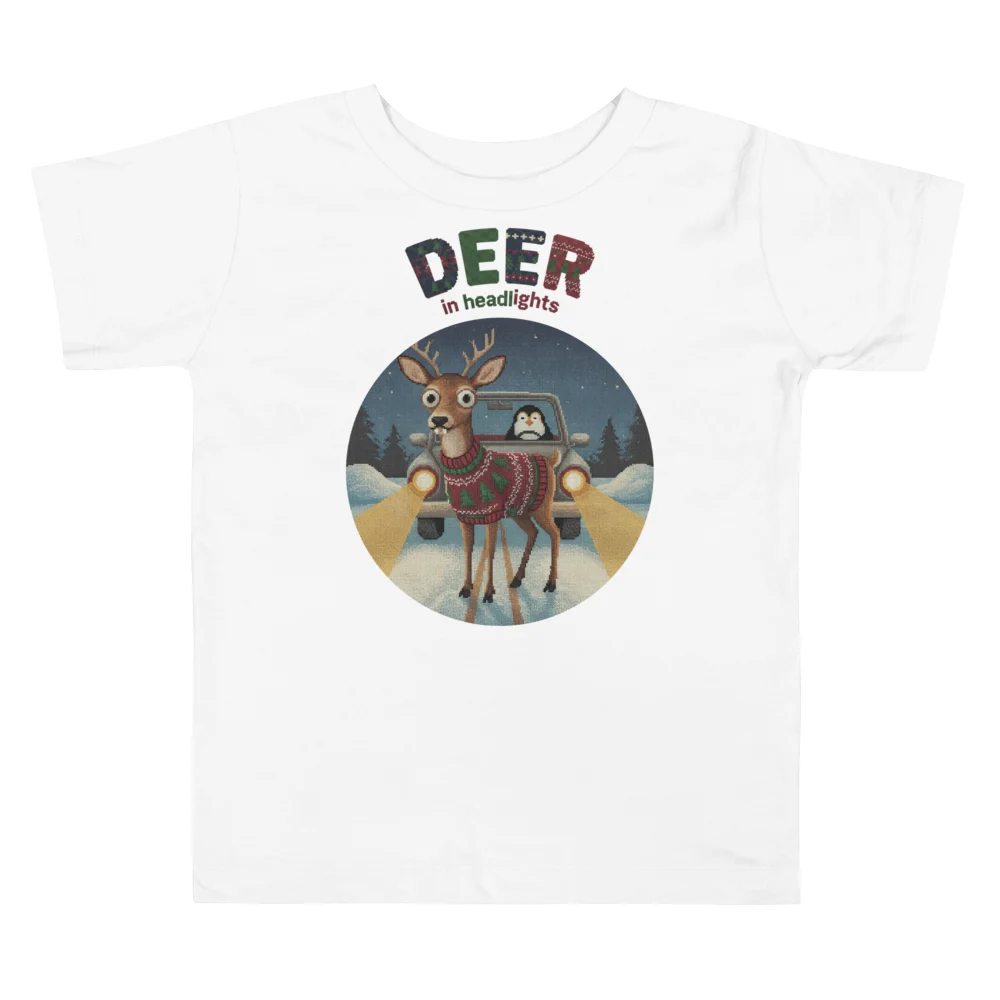 Deer in Headlights Toddler Ugly Christmas Tee, Pure White flat