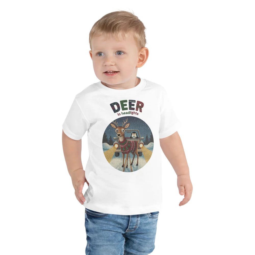 Deer in Headlights Toddler Ugly Christmas Tee, Pure White model