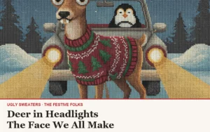 Deer in Headlights ugly Christmas sweater article cover with the wide-eyed deer character art