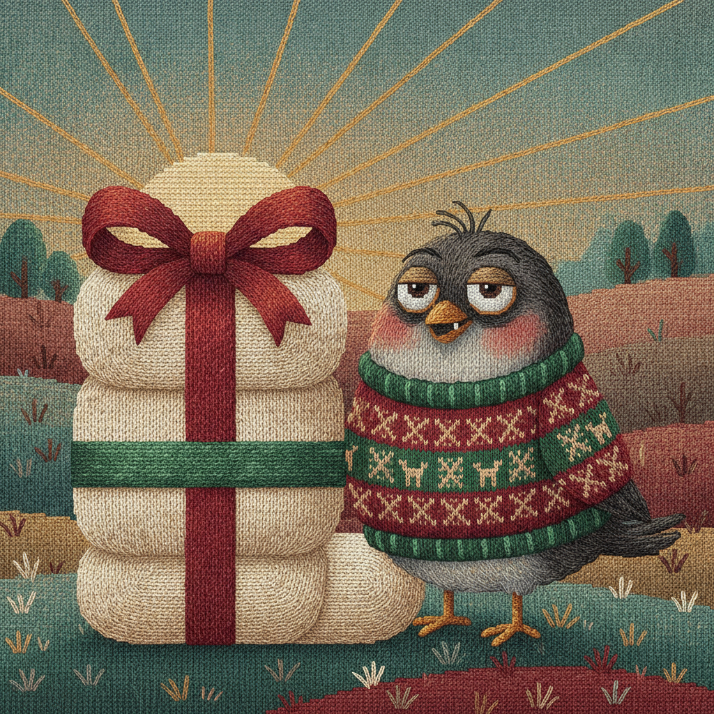 Early Bird ugly Christmas sweater character art: a bright-eyed bird holding a tiny coffee at sunrise with sunbeam borders
