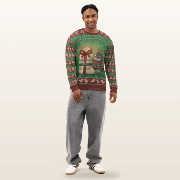 Early Bird all-over-print Christmas sweatshirt on a model, front view