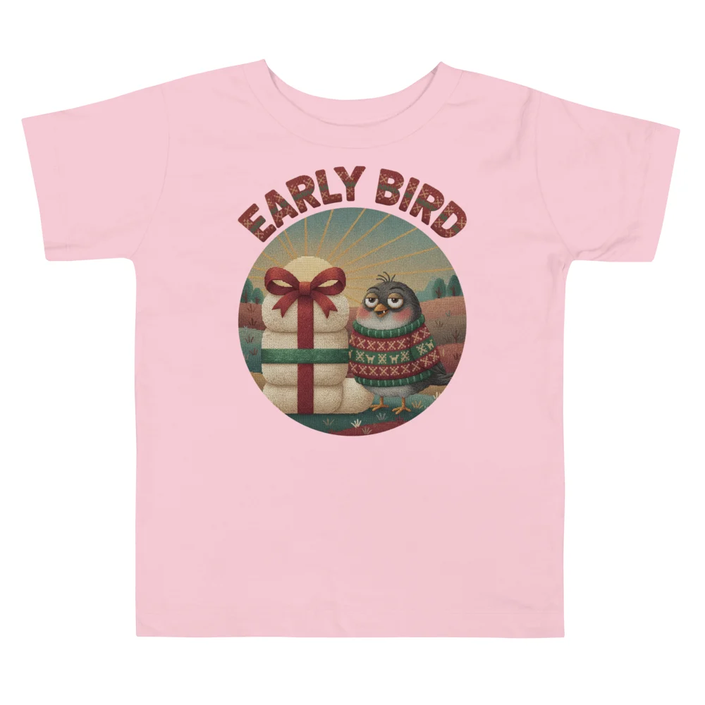 Early Bird Toddler Ugly Christmas Tee, Light Pink flat