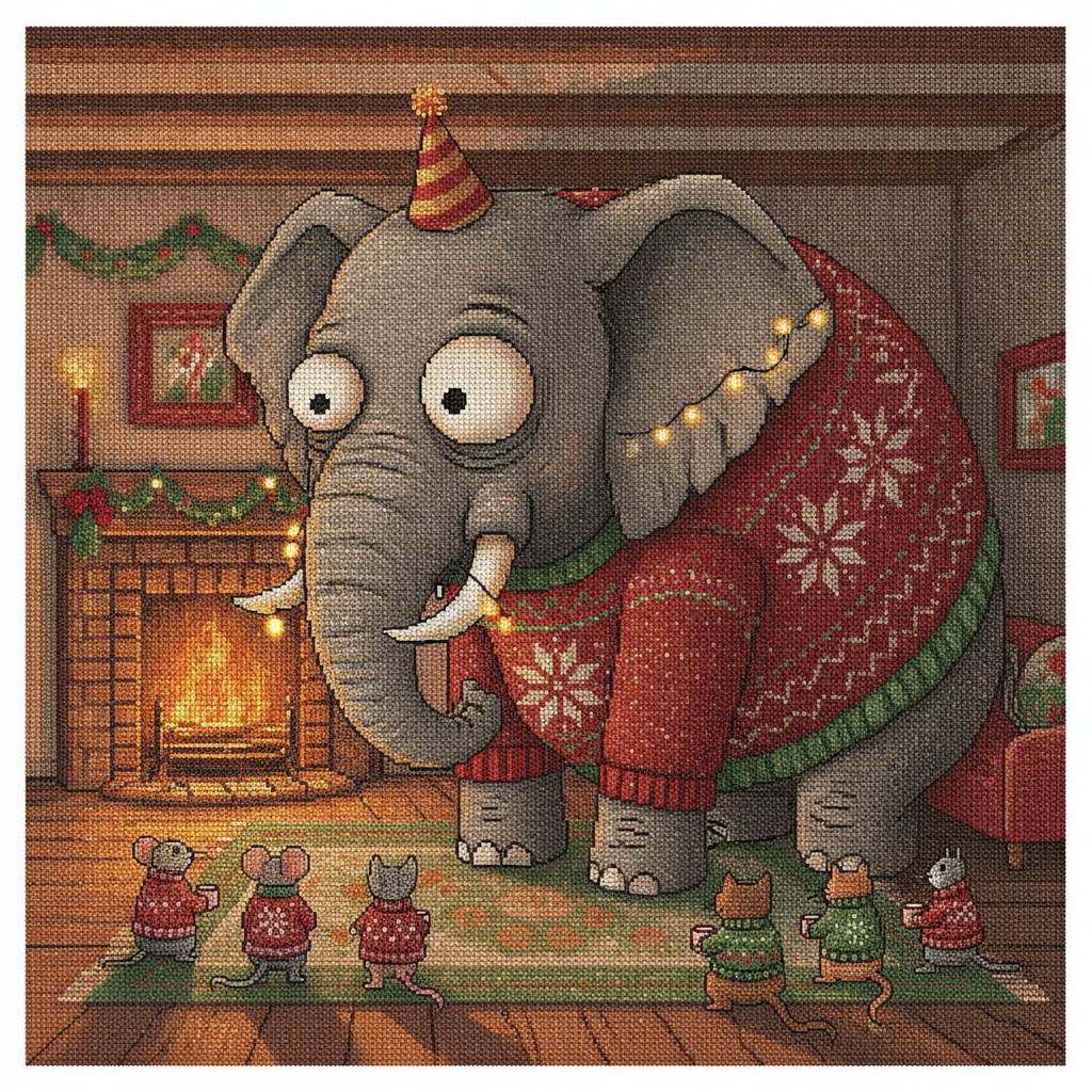 Elephant in the Room ugly Christmas sweater design: a large patient elephant in a striped party hat filling a small festive living room while mice and cats in tiny sweaters look on