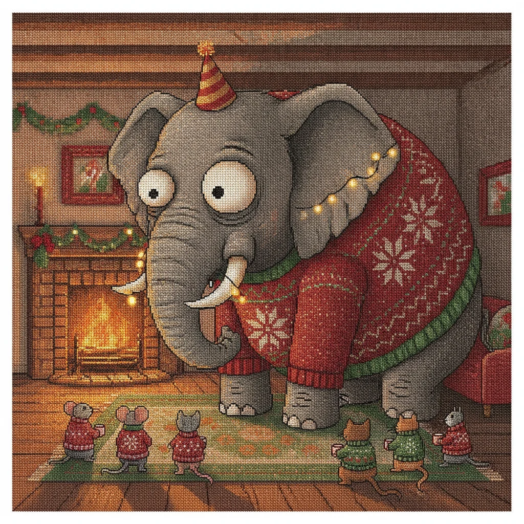 Elephant in the Room ugly Christmas sweater design: a large patient elephant in a striped party hat filling a small festive living room while mice and cats in tiny sweaters look on