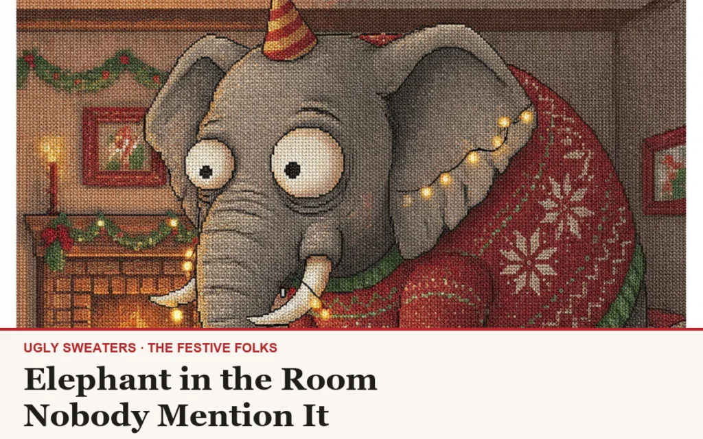 Elephant in the Room ugly Christmas sweater article cover with the party-hatted elephant character art