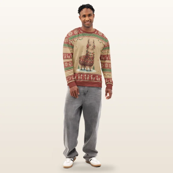 Fa La La La Llama all-over-print Christmas sweatshirt on a model, front view