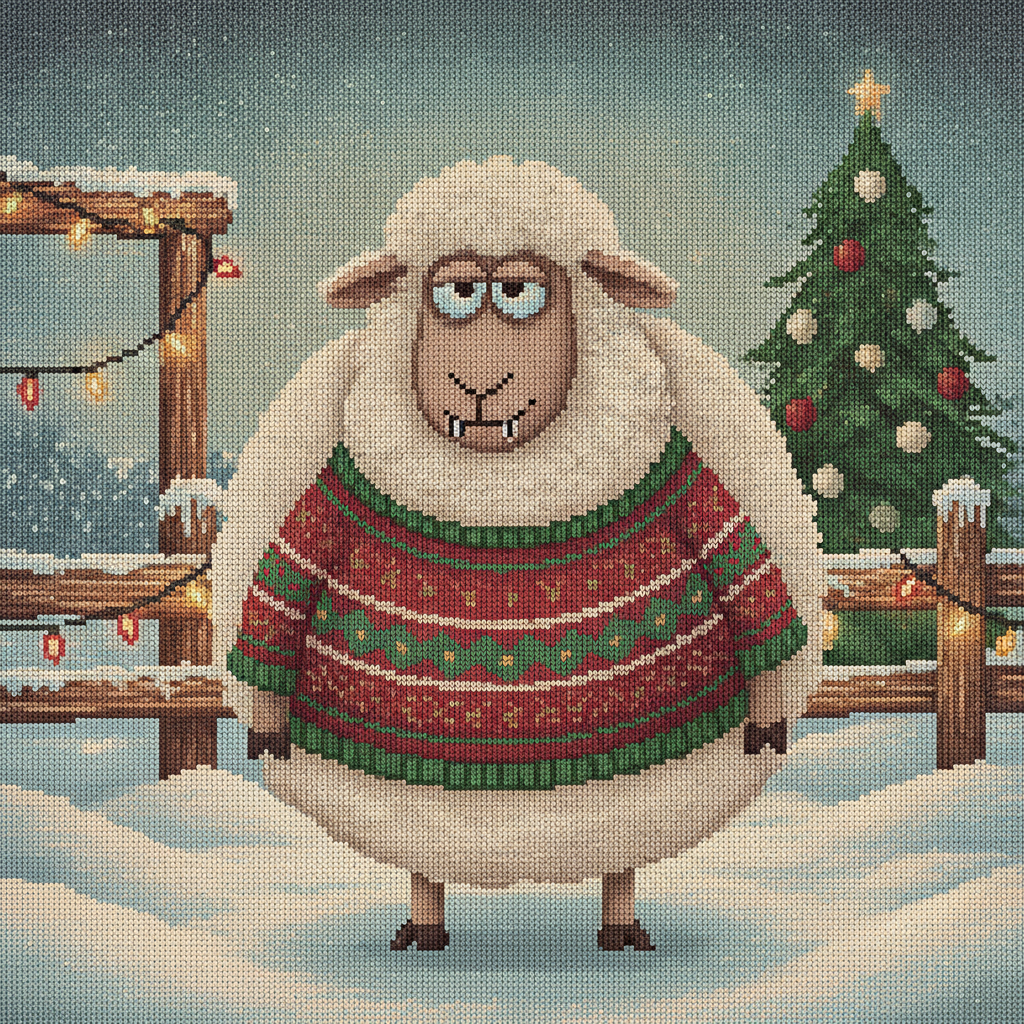 Fleece Navidad ugly Christmas sweater design: a very fluffy deadpan sheep in a red and green fair-isle sweater standing in the snow beside a decorated Christmas tree