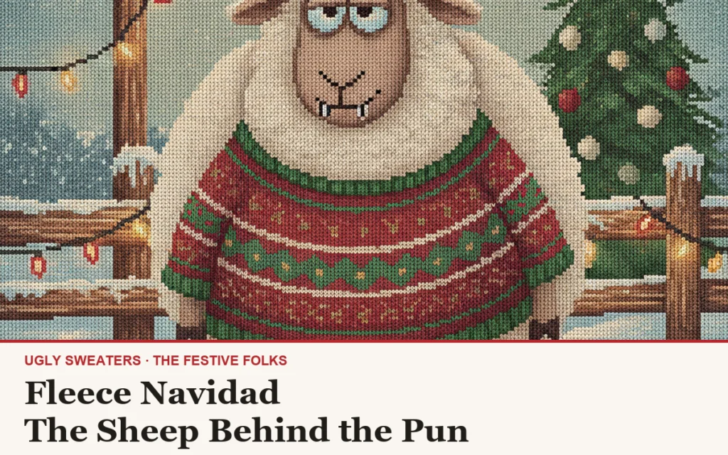 Fleece Navidad ugly Christmas sweater article cover with the deadpan sheep character art