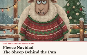 Fleece Navidad ugly Christmas sweater article cover with the deadpan sheep character art