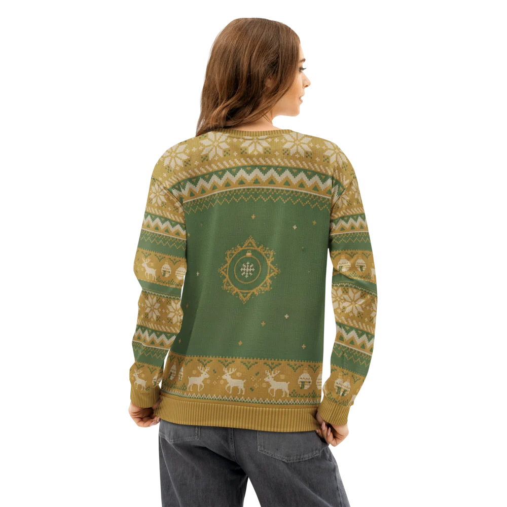 Green Bay Fan Ugly Christmas Sweatshirt on female model, back