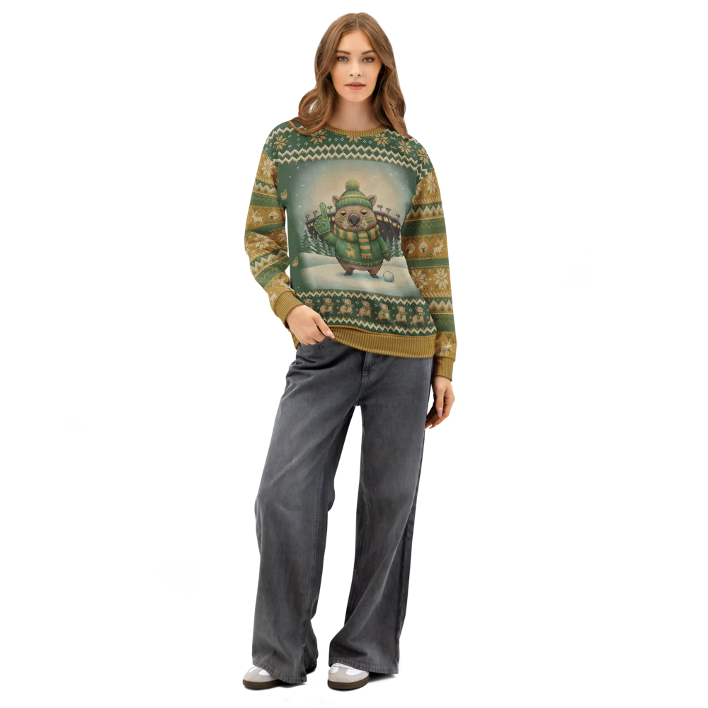 Green Bay Fan Ugly Christmas Sweatshirt on female model, front