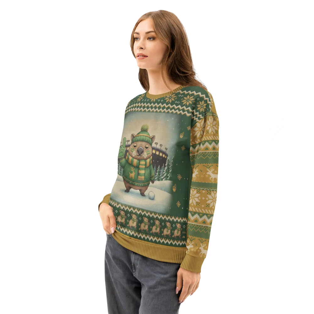 Green Bay Fan Ugly Christmas Sweatshirt on female model, side
