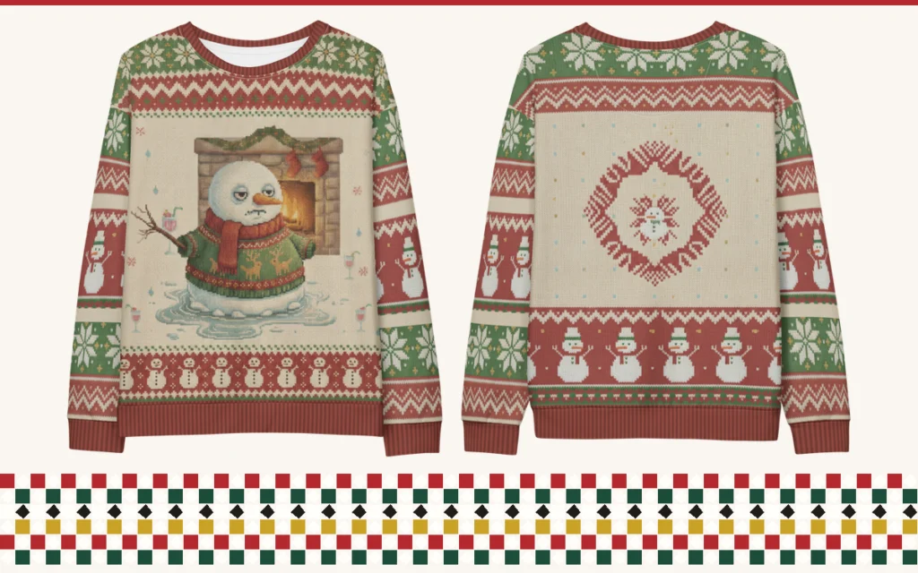 Meltdown snowman all-over print ugly Christmas sweatshirt, front and back
