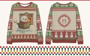 Meltdown snowman all-over print ugly Christmas sweatshirt, front and back