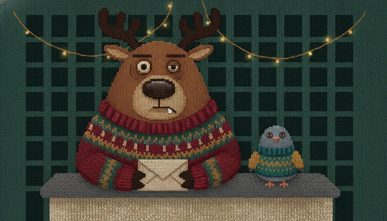 Knitted reindeer postal clerk in an ugly Christmas sweater holding an envelope at a mail counter with a pigeon