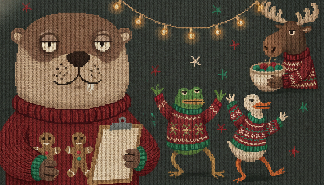 Knitted otter event planner with a clipboard while a frog, duck and moose party behind in ugly Christmas sweaters